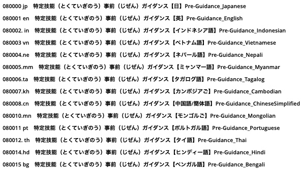 事前ガイダンスの多言語メニュー