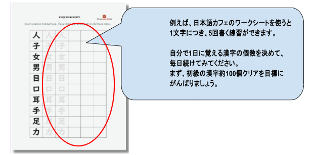 例えば、日本語カフェのワークシートを使うと1文字につき、5回書く練習が出来ます。自分で1日に覚える感じの個数を決めて、毎日続けてみてください。まず、初級の漢字約100個のクリアの目標に頑張りましょう。