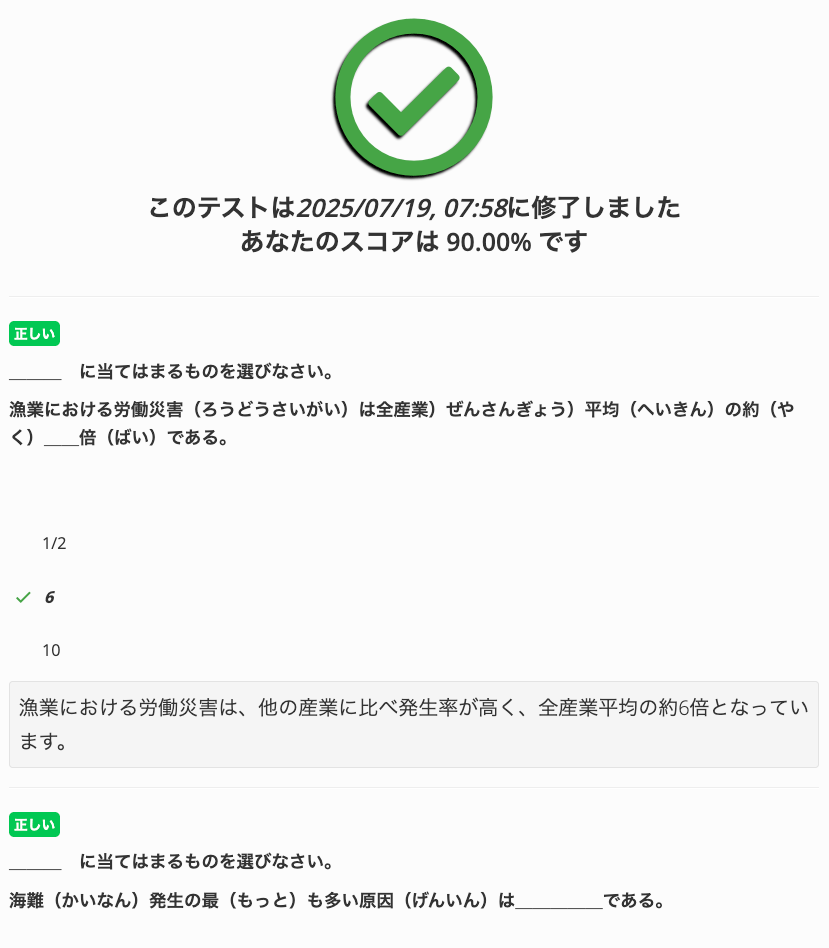 テストのスコアと正誤表示の例