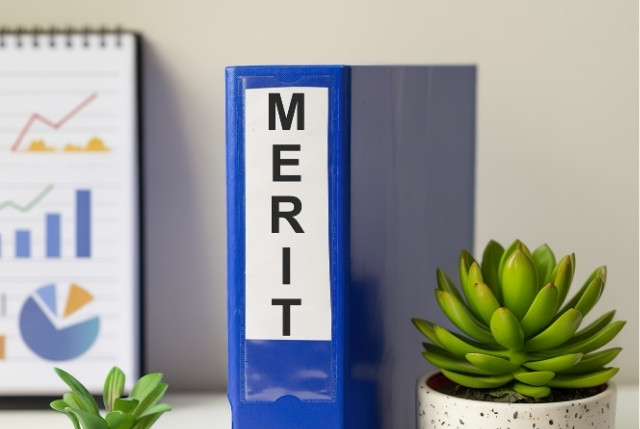 MERITと背表紙に書かれたブルーのファイルフォルダー