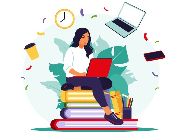 ノートパソコンで勉強する女性のイラスト。特定技能試験のオンライン学習やリモート教育の効率的な学び方を表現。