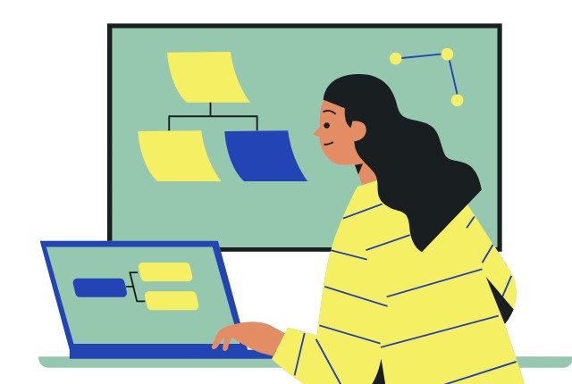 パソコンで学習計画を立てる女性のイラスト。特定技能試験のオンライン学習やリモート教育の管理を示す。