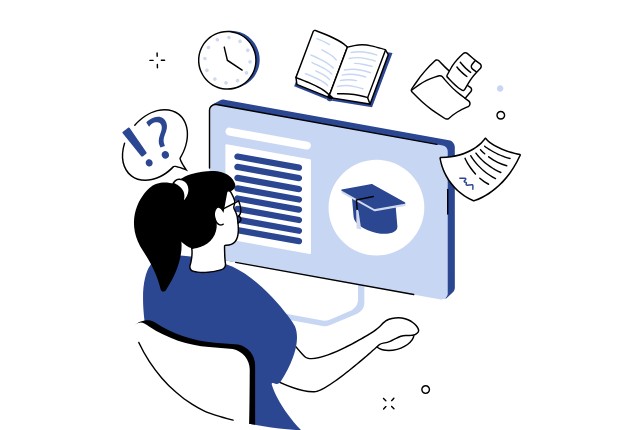 オンライン学習画面を見る女性のイラスト。特定技能試験のリモート教育やデジタル学習管理をイメージ。
