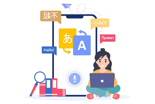 外国人スタッフの日本語学習を支援する無料アプリや教材を紹介するイラスト。多言語翻訳と学習のイメージ