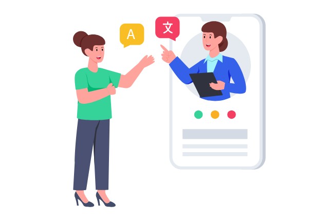 スマホ画面を通してオンラインで日本語を学ぶ女性たちを描いたイラスト。外国人スタッフ向け語学学習支援のイメージ。