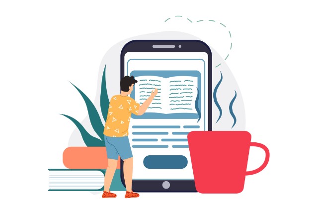 スマホで学習する男性のイラスト。オンライン教材や日本語学習アプリを使った自習をイメージ。