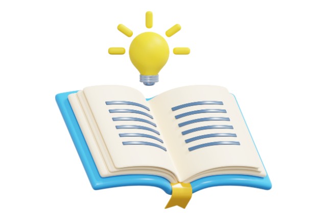 開いた本と電球のイラスト。学習やアイデア、知識の習得を象徴し、日本語学習や教育記事に最適。