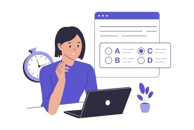 パソコンでオンライン試験を受ける女性のイラスト。特定技能試験のリモート受験や学習方法を表現。