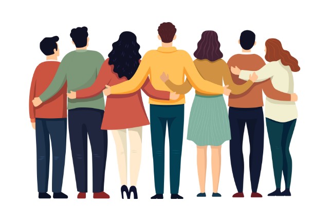 肩を組んで並ぶ多国籍の人々の後ろ姿。チームワークや多様性、職場での連帯を表すイラスト。