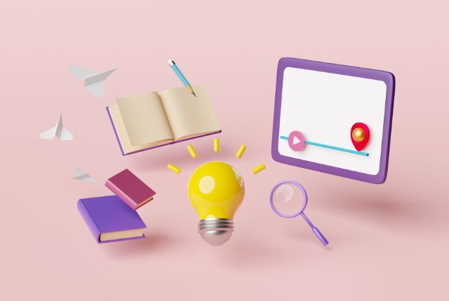本と電球、動画画面などの3Dアイコンが浮かぶ学習イメージ。オンライン学習や知識習得を表すビジュアル。