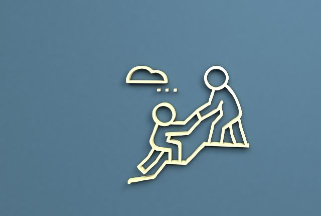 山を登る人をもう一人が助け上げるアイコンイラスト。サポートや支援、手助けの概念を示すイメージ。