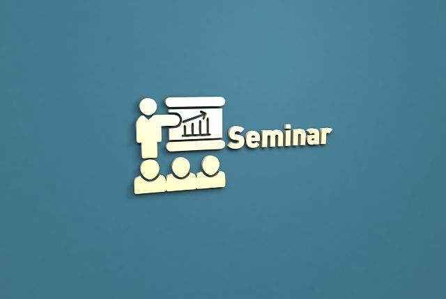 セミナーを象徴するアイコンイメージ。講師がプレゼン資料を示し、参加者が学ぶ様子を表した3D風グラフィック。