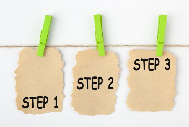 STEP1からSTEP3までの紙が並ぶ画像。特定技能2号への移行手順や学習ステップを示すイメージ。