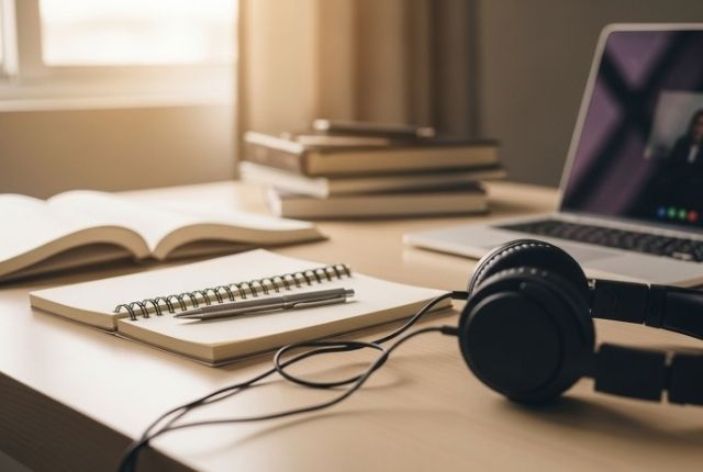 外国人スタッフ向け日本語教育を想定したデジタル学習環境のイメージ（ノートPCとヘッドホン）