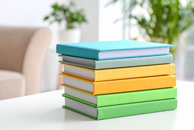 カラフルな教材が積まれた本の山。日本語学習やJLPT対策に役立つ参考書のイメージ。