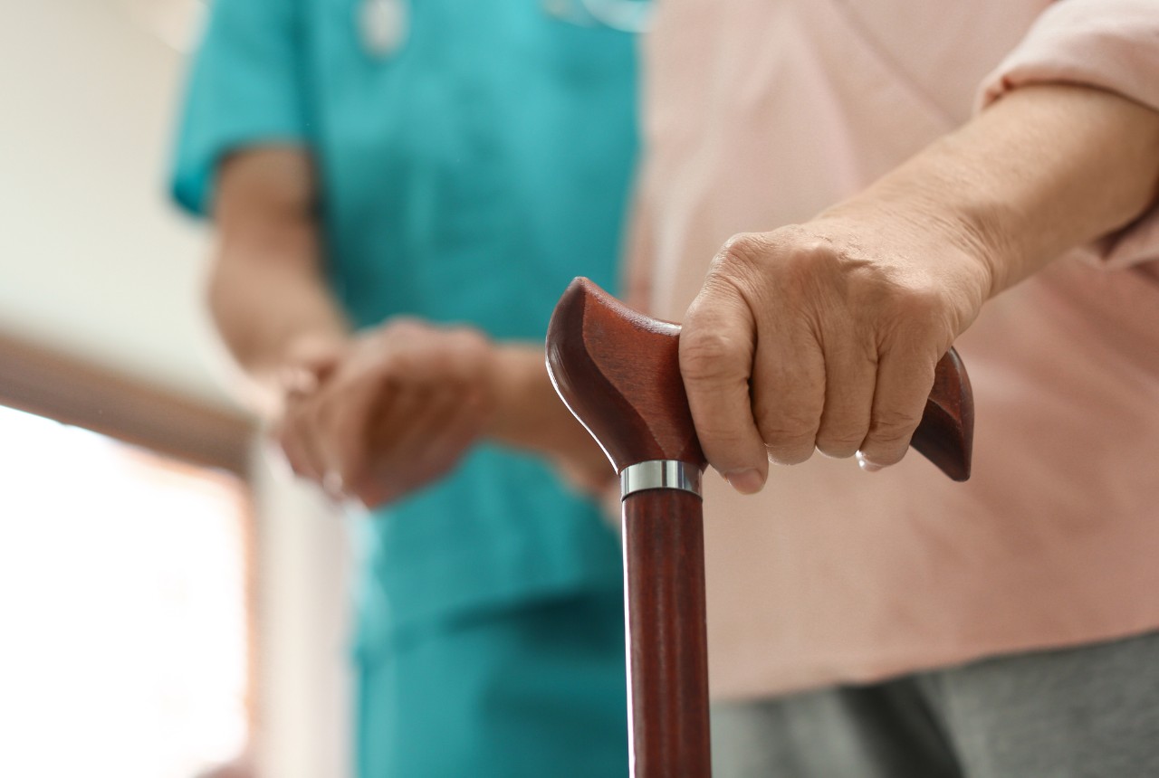 杖を持つ高齢者とサポートする介護士の手元。国際介護士として海外で介護に携わるイメージ。