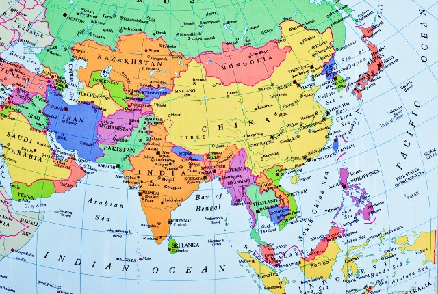 アジア地域の国名と国境を示した世界地図の拡大イメージ