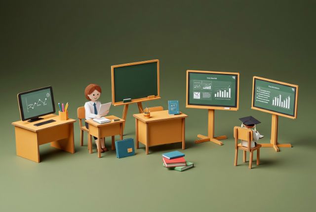 最新の日本語教育トレンドをイメージした教室風イラスト。教師と学習者、黒板、デジタル教材が並ぶ学習シーン。