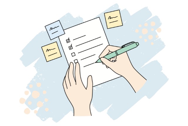 チェックリストにペンで記入する手元を描いた、手続きや準備をイメージしたイラスト