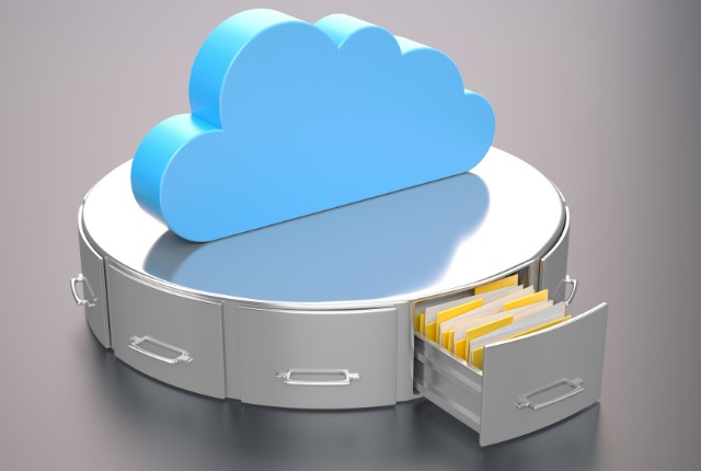 クラウドのアイコンが載った収納ボックスからファイルが引き出されているイメージ画像
