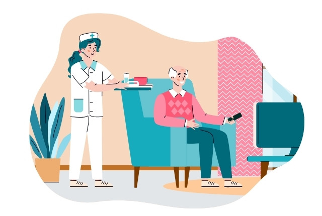 高齢者を支える介護士が笑顔で寄り添いながら歩行をサポートする様子のイメージ