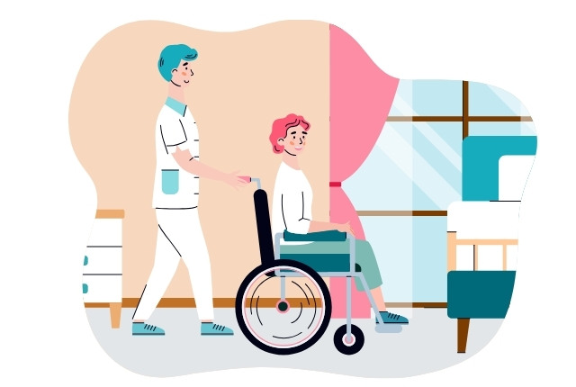 車いすの利用者を介護士が笑顔でサポートしながら移動する場面を描いたイメージ