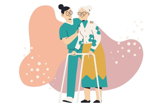 介護士が歩行器を使う高齢女性を優しく支える様子を描いた海外介護のイラスト