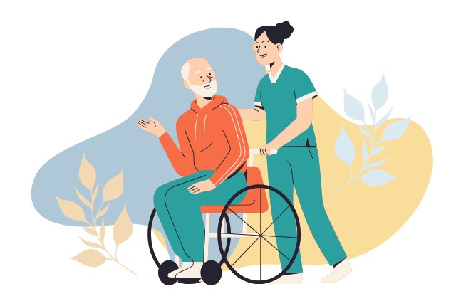 車いすの高齢男性を介護士が笑顔でサポートする様子を描いた海外介護のイラスト
