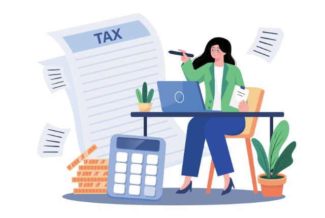 パソコンで税金の書類を確認する女性と大きな計算機や書類を描いたイラスト