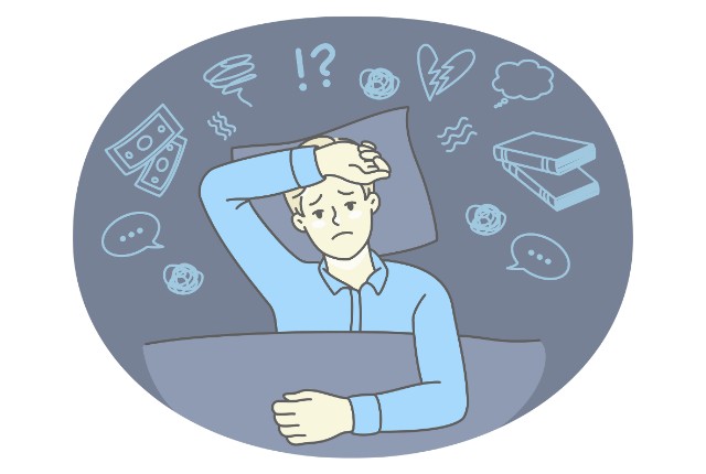 不安や悩みごとを抱えて眠れずにいる男性の表情を描いたストレスと心配のイラスト