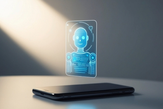 スマートフォン上に青いAIロボットのホログラムが表示された近未来イメージ