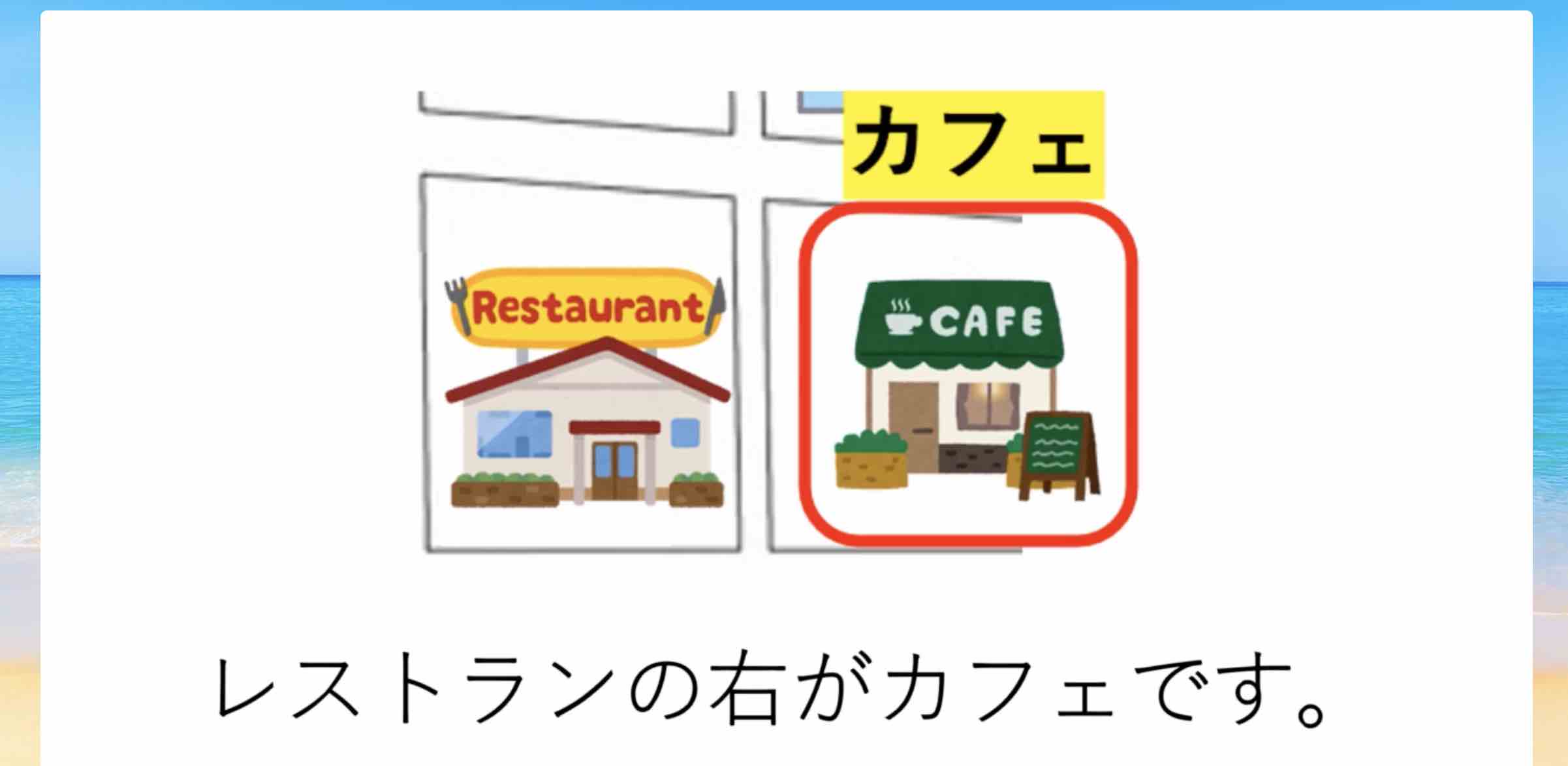 日本語会話トレーニングの学習画面 日本語学習用の画面に、レストランとカフェのイラストを使った語彙問題が表示されている